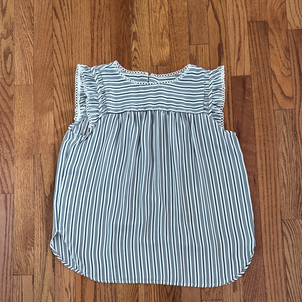 LOFT White and Navy Vertical Stripe Ruffle Sleeve Top